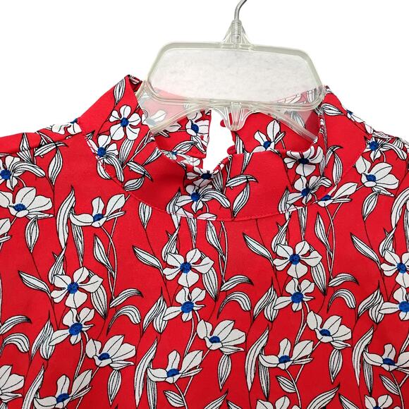 Vila Blouse Red with White Floral Print Size M/L Short Sleeve High Neck Ruffled - Picture 4 of 11